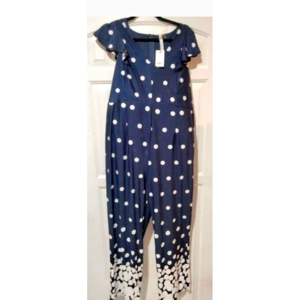 New York Collection Size 1X 14/16 Petite Polkadot Jumpsuit Navy/White Plus